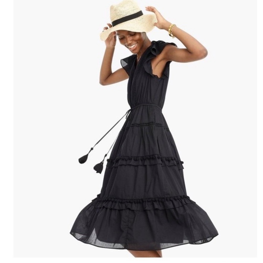 Point Sur by J. Crew Black Tiered Ruffled Midi Dress with Pom Pom’s  Size 0